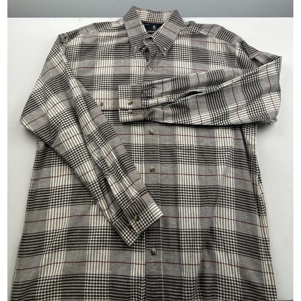 Browning Flannel‎ Shirt Mens Large Gray Black Red Plaid Button Up Long Sleeve